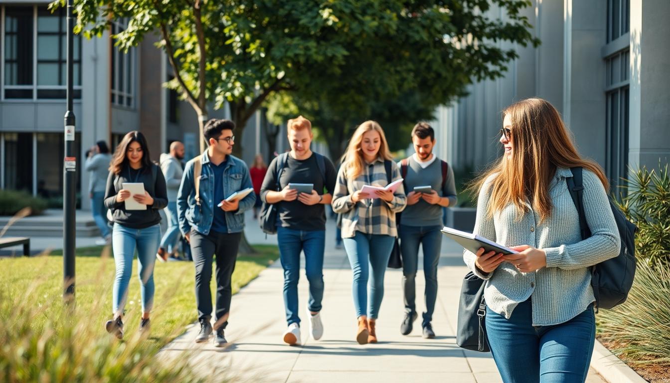 Students studying together in modern classroom
